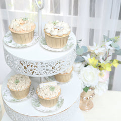 100-Pack Paper 3.5" Round Plates in White with Sage Green French Toile Design & Scalloped Rim - Disposable Mini 250GSM Dessert Party Plates for Tapas, Appetizers & Finger Foods