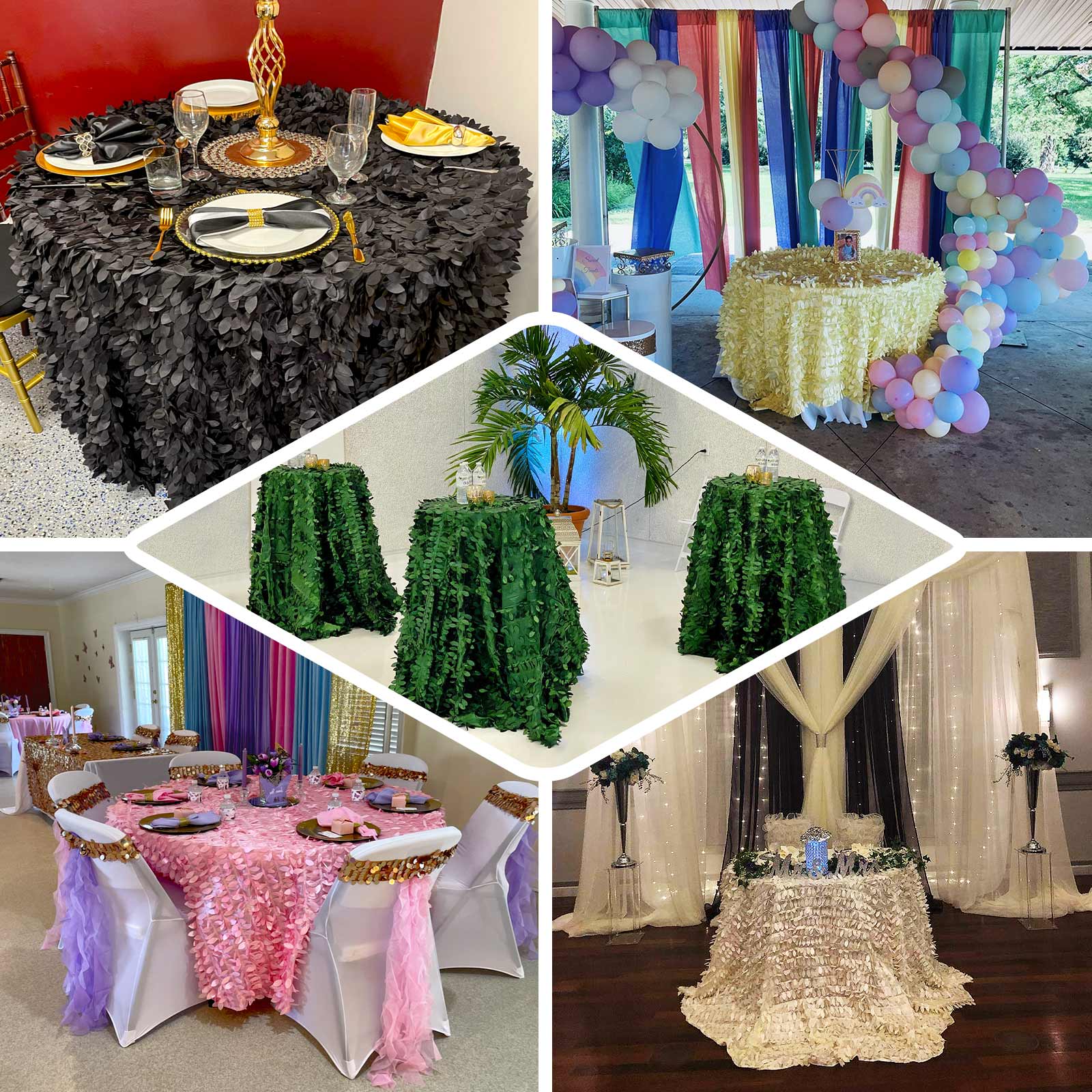 Taffeta 132" Round Tablecloth White 3D Leaf Petal Design Seamless Table Cover for Chic Wedding & Event Decor