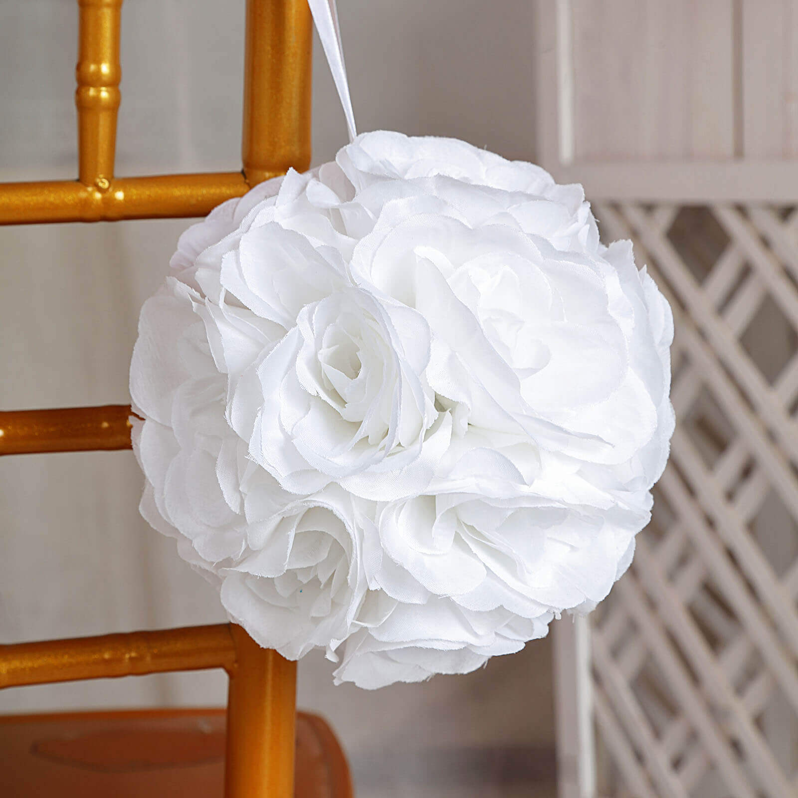 2 Pack 7" White Artificial Silk Rose Kissing Ball, Faux Flower Ball