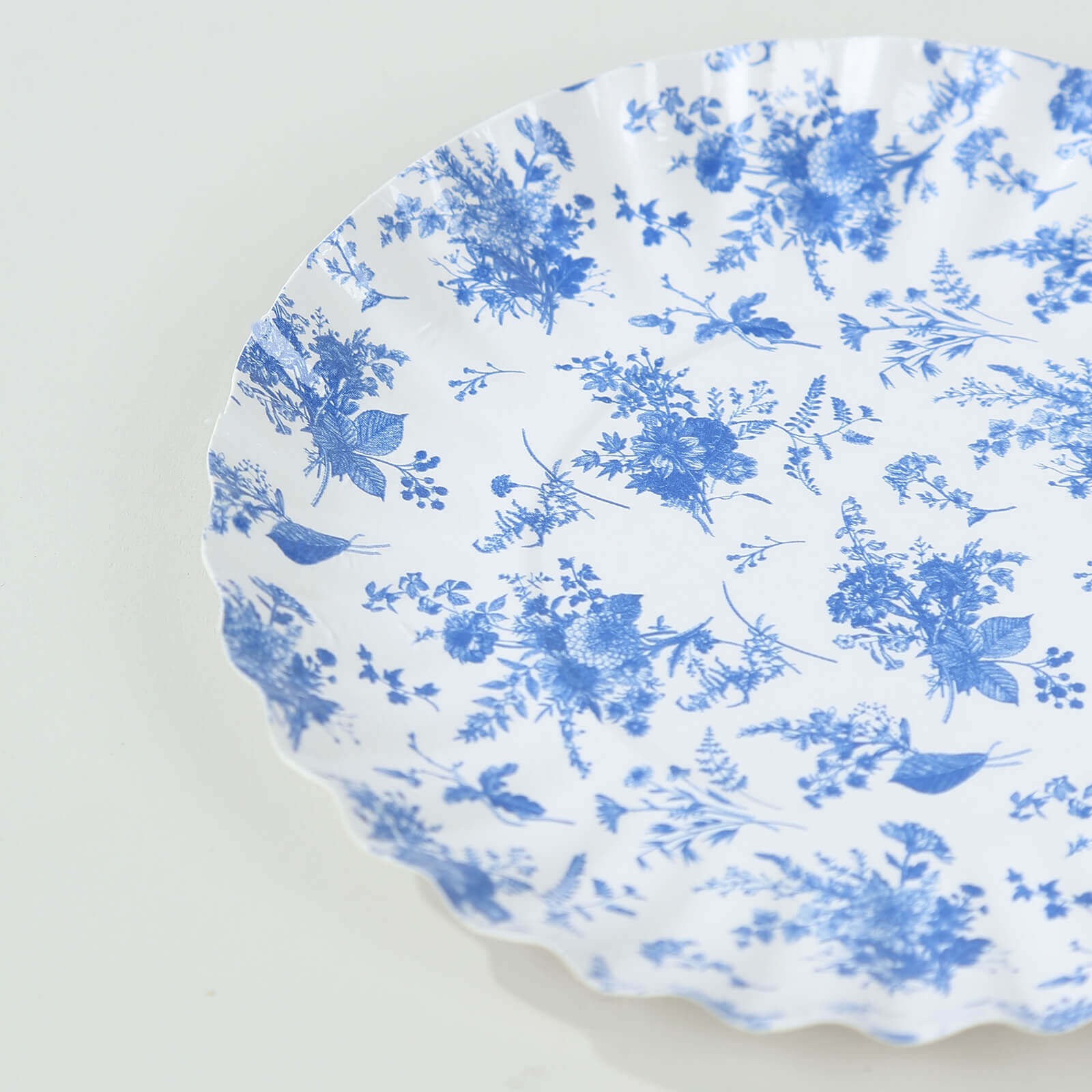 100-Pack Paper 3.5" Round Plates in White with Blue French Toile Design & Scalloped Rim - Disposable Mini 250GSM Dessert Party Plates for Tapas, Appetizers & Finger Foods