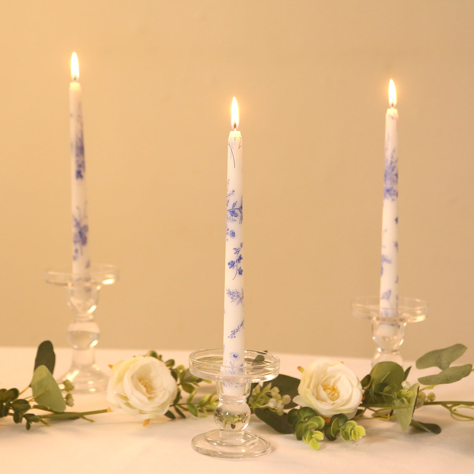 12 Pack 10" French Toile Wax Taper Candles White and Blue Unscented Candles