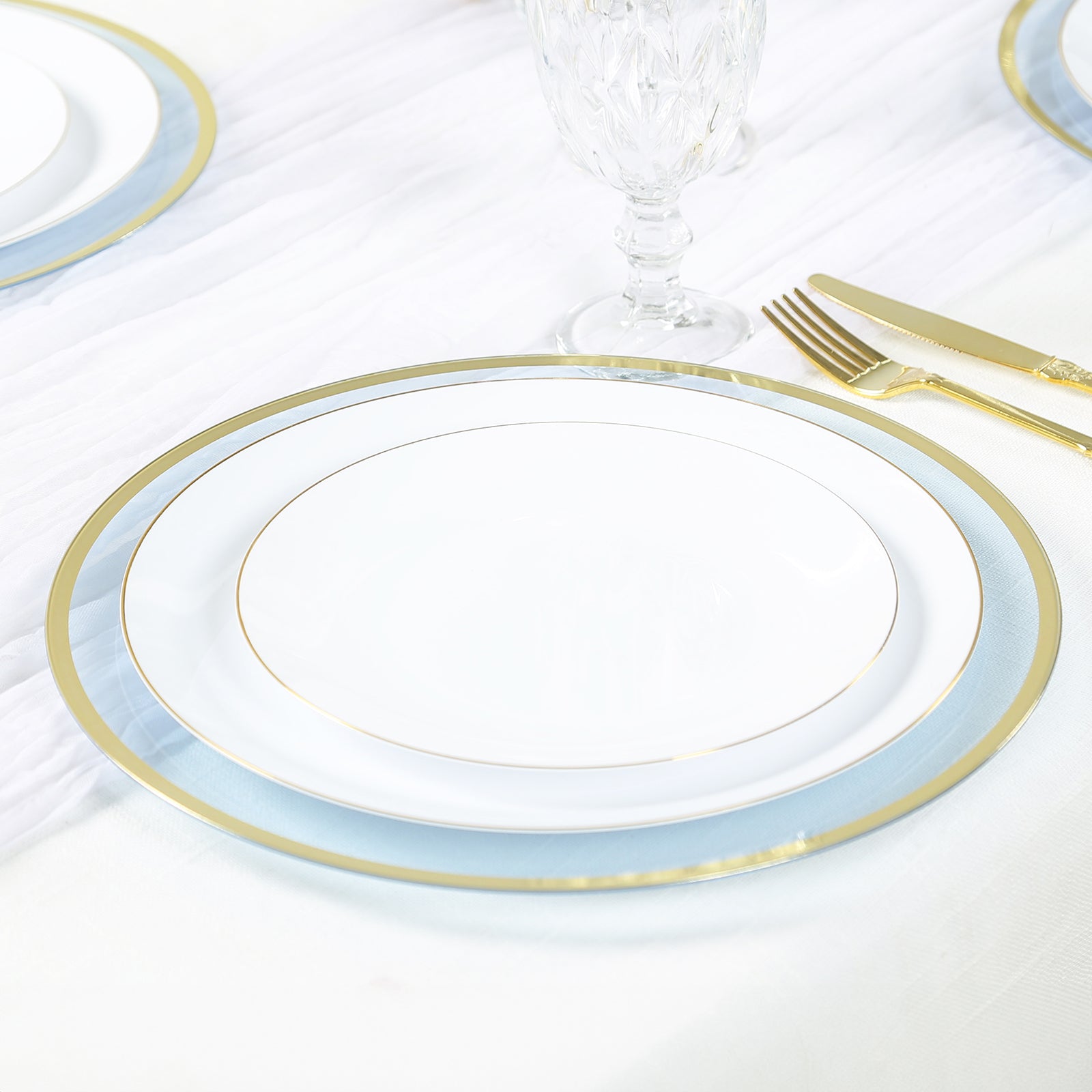 10-Pack Economy Plastic Round Charger Plates 12" in Transparent Dusty Blue with Wide Gold Rim, Decorative Dinner Party Serving Plates