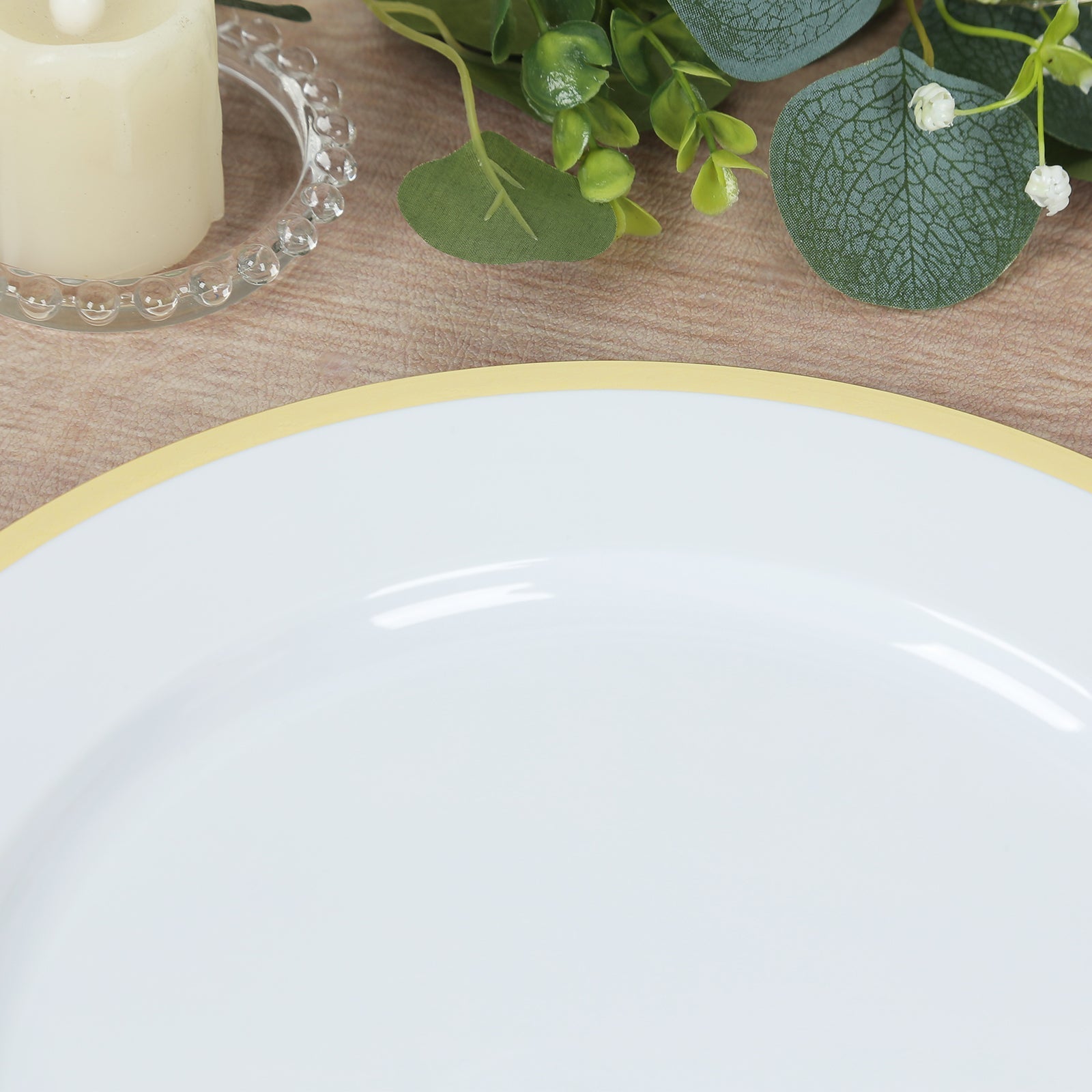 10-Pack Economy Plastic Round Charger Plates 12" in White with Wide Gold Rim, Decorative Dinner Party Serving Plates