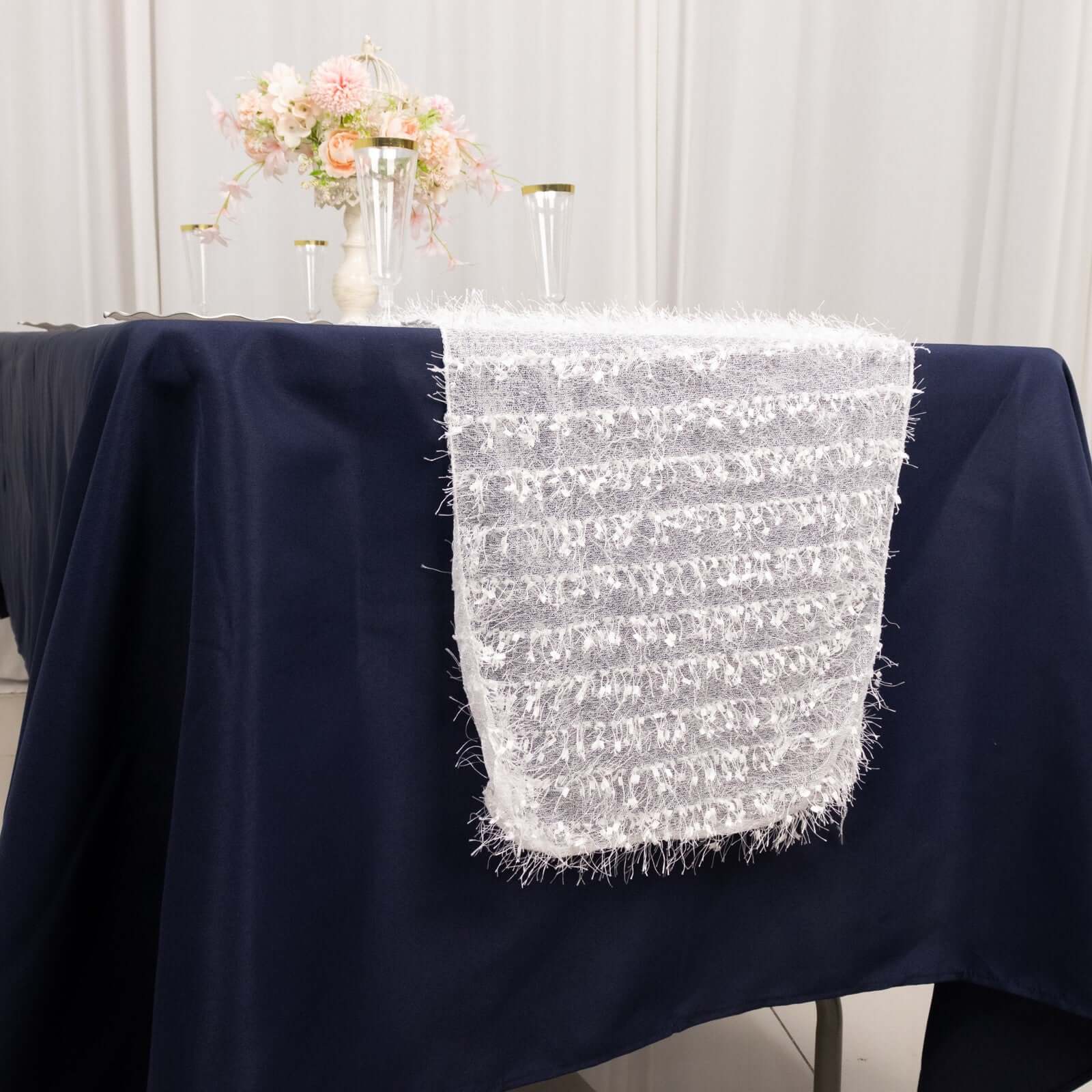Polyester 12"x108" Table Runner White - Fringe Shag Table Decor