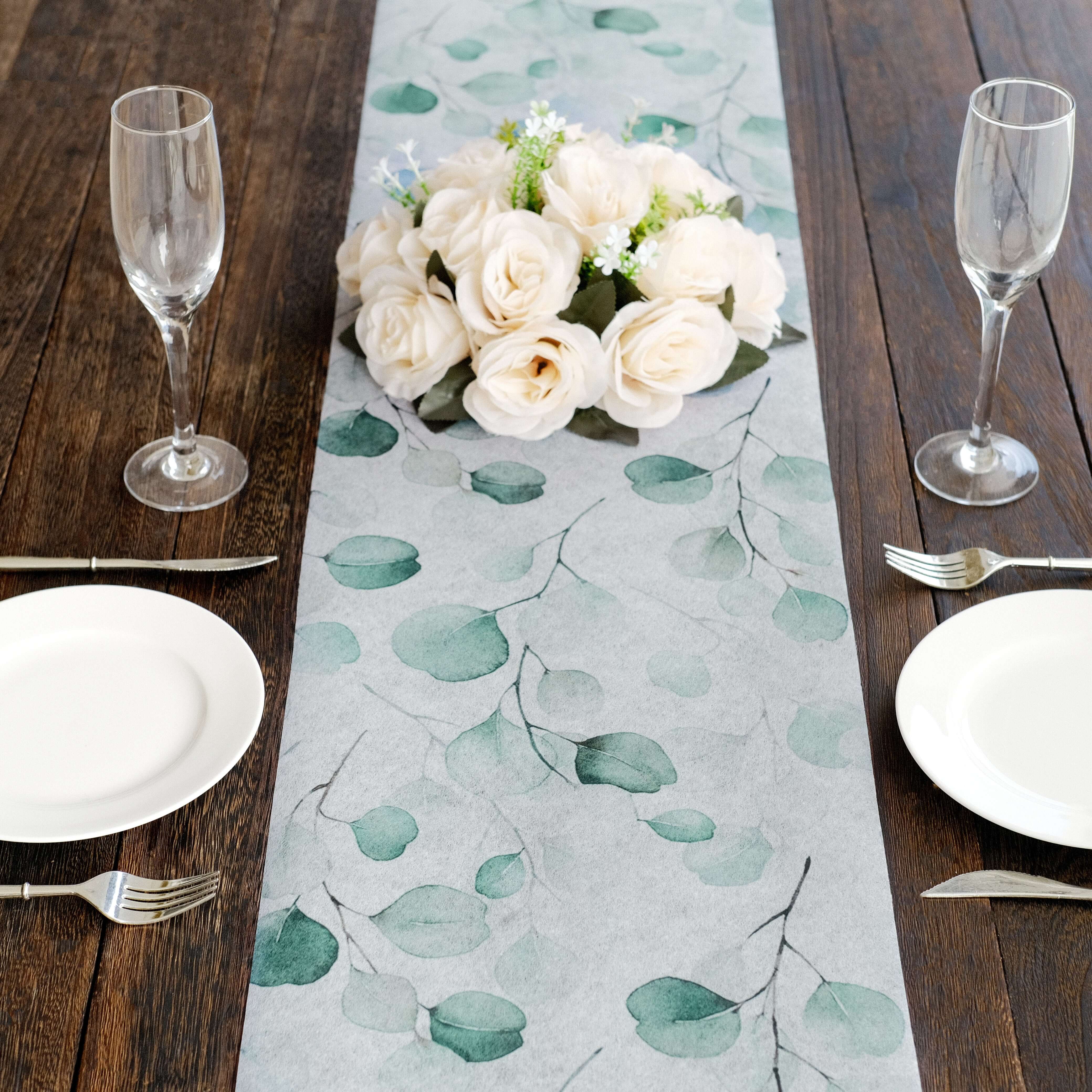 Disposable Table Runner 11"x108" White with Green Eucalyptus Leaves Print - Non-woven Stylish Spring Summer Dining Decor