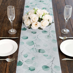 Disposable Table Runner 11"x108" White with Green Eucalyptus Leaves Print - Non-woven Stylish Spring Summer Dining Decor