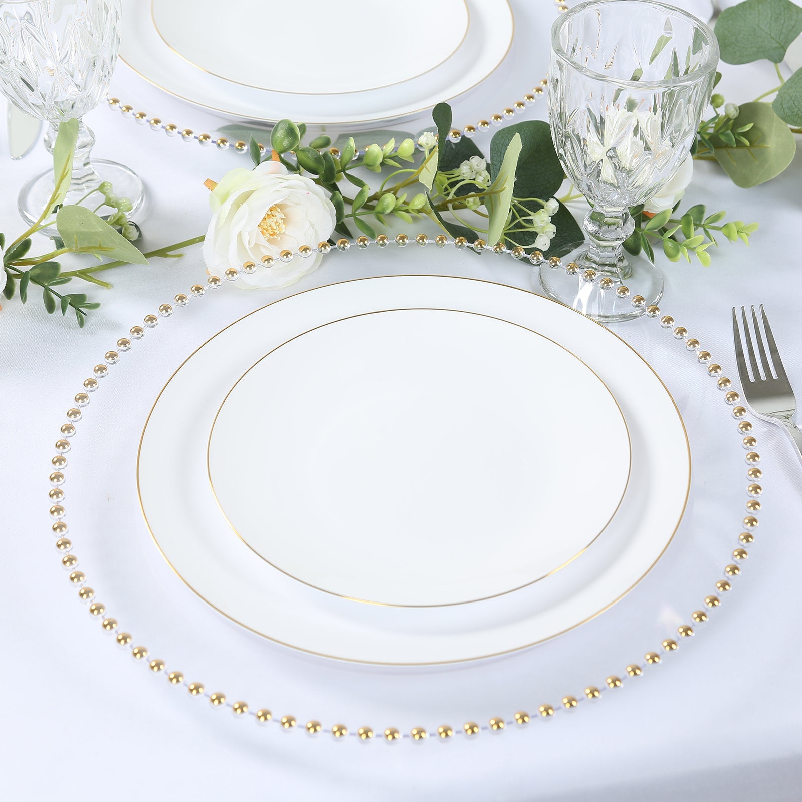 10-Pack Economy Round Plastic Charger Plates 13" in Clear with Gold Beaded Rim, Stylish Dinner Party Serving Plates