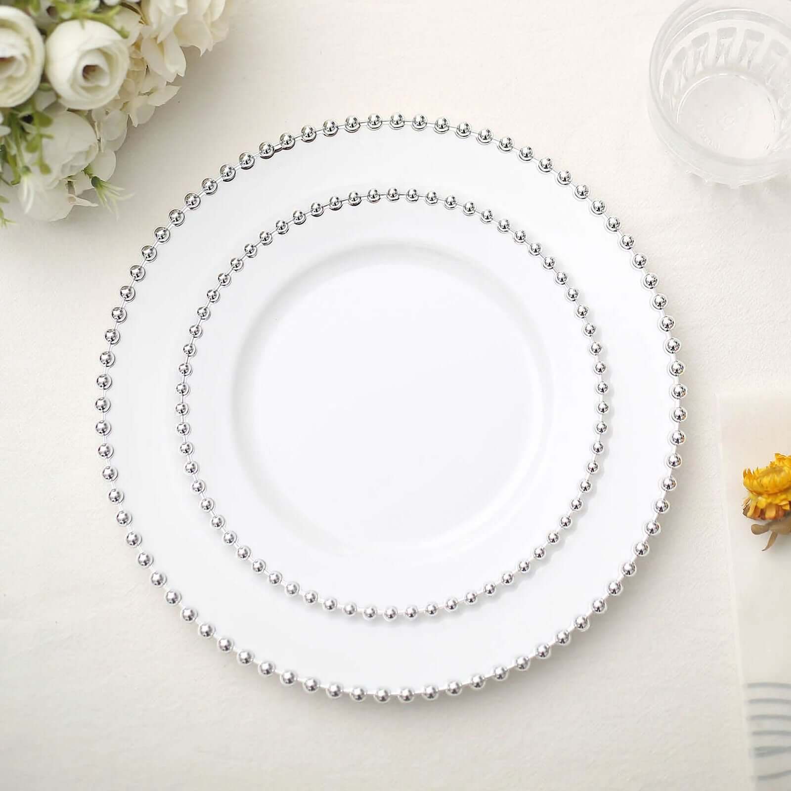 10-Pack White Plastic Dessert Plates – 8" Round with Silver Beaded Rim, Disposable for Parties & Events