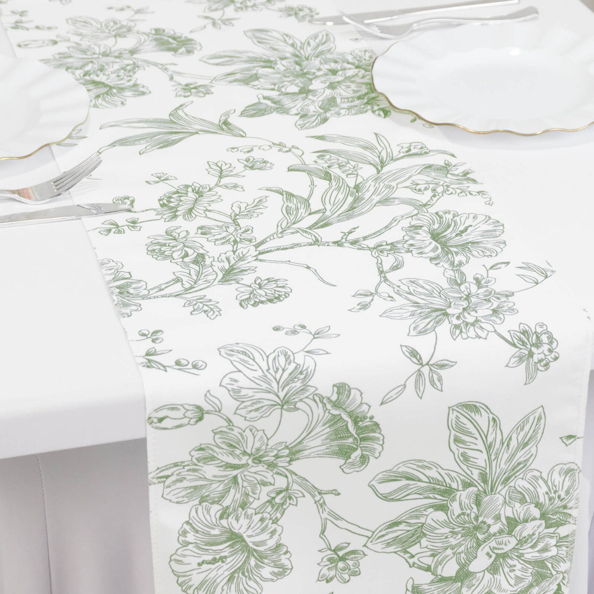 Polyester Table Runner 12"x108" White with Dusty Sage Green French Toile Floral Print Reusable Table Décor