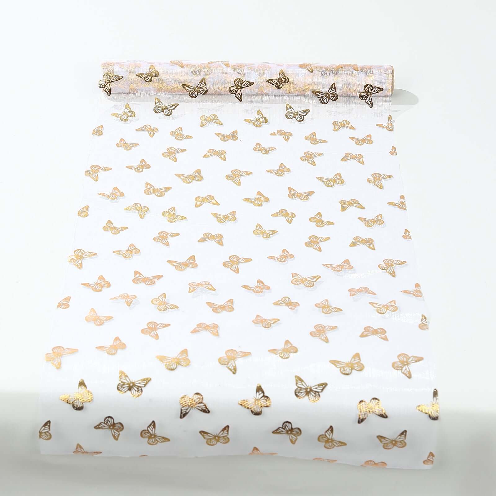 5 Pack Sheer Organza 11"x108" Table Runner Rolls White Disposable with Metallic Gold Foil Butterflies Motifs