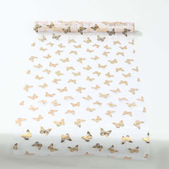 5 Pack Sheer Organza 11"x108" Table Runner Rolls White Disposable with Metallic Gold Foil Butterflies Motifs