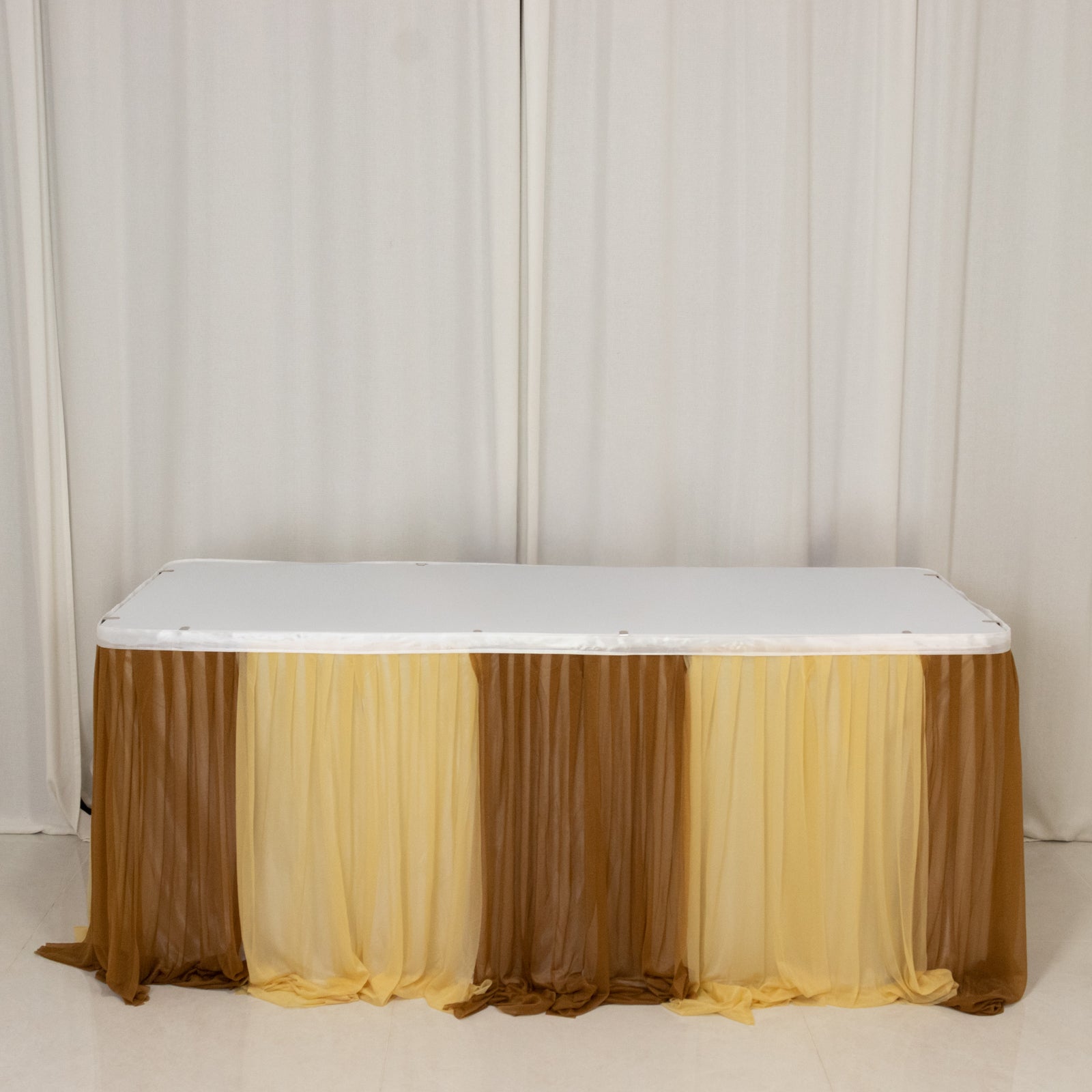 14ft Sheer Pleated Ruffle Skirting Chiffon Table Skirt - Champagne and Gold, Shimmer Sheer, Wrinkle-Free Fabric