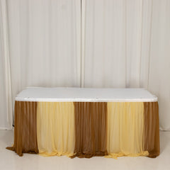 14ft Sheer Pleated Ruffle Skirting Chiffon Table Skirt - Champagne and Gold, Shimmer Sheer, Wrinkle-Free Fabric